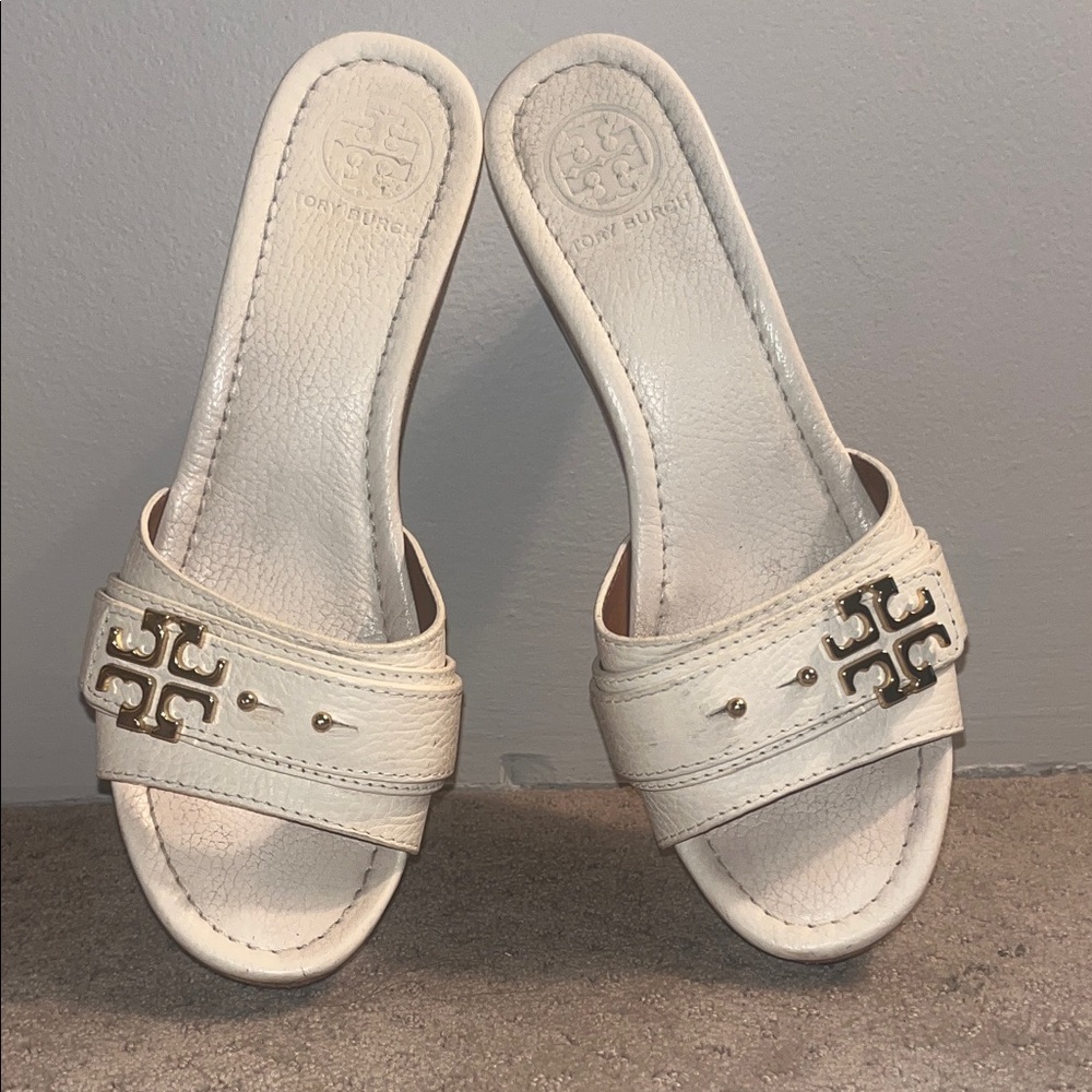 Tory Burch Cream Leather Slide Sandals